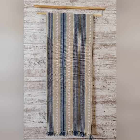 primitive artisan Other - Primitive Artisan Hand Woven Table Runner Blue Tan Striped Fringe Farmhouse NWOT